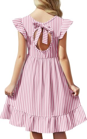 Flypigs Girls Dress Tie Back Flared Sleeve Ruffle Hem A-Line Sundress Casual Midi Dresses 4-12 Years in Saudi Arabia