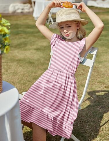 Flypigs Girls Dress Tie Back Flared Sleeve Ruffle Hem A-Line Sundress Casual Midi Dresses 4-12 Years in Saudi Arabia