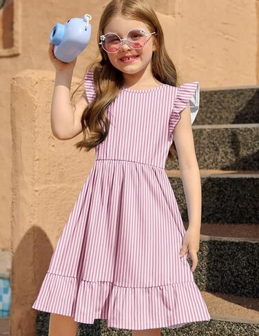 Flypigs Girls Dress Tie Back Flared Sleeve Ruffle Hem A-Line Sundress Casual Midi Dresses 4-12 Years in Saudi Arabia