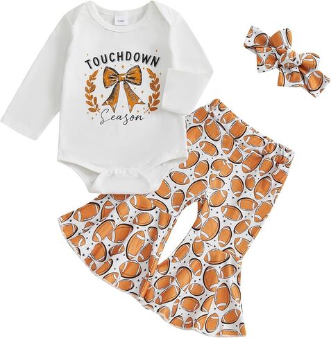 Baby Girl Football Outfit Game Day Long Sleeve Romper Rugby Print Bell Bottom Flare Pants Set Cute Fall Clothes in Kuwait