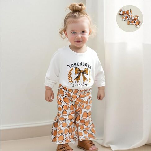 Baby Girl Football Outfit Game Day Long Sleeve Romper Rugby Print Bell Bottom Flare Pants Set Cute Fall Clothes in Kuwait
