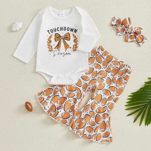 Baby Girl Football Outfit Game Day Long Sleeve Romper Rugby Print Bell Bottom Flare Pants Set Cute Fall Clothes in Kuwait