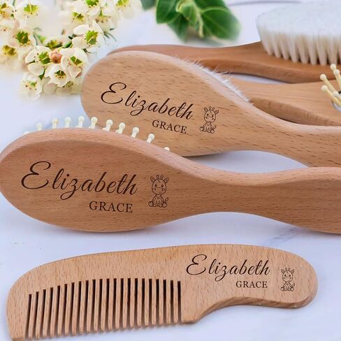 Personalized Baby Brush and Comb Set for Newborn Wooden Baby Brush Set Soft Baby Hair Brush Set Cradle Cap Brush Personalized Baby Gifts for Girls Boys Newborns Toddler (Design 3) in Kuwait