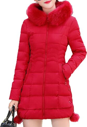 JEsilunmaMY Women's Slim Fur Hood Puffer Jacket Mid Length Insulated Quilted Jacket Solid Warm Winter Coats with Zip Pocket in Saudi Arabia