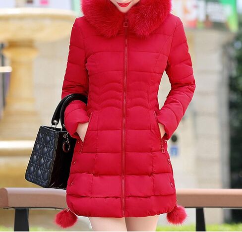 JEsilunmaMY Women's Slim Fur Hood Puffer Jacket Mid Length Insulated Quilted Jacket Solid Warm Winter Coats with Zip Pocket in Saudi Arabia