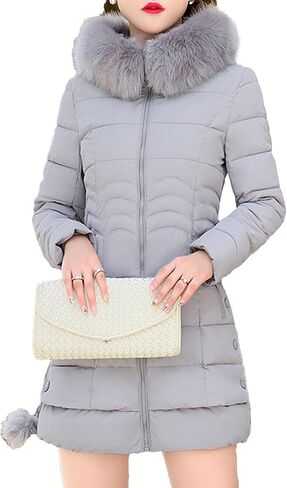 JEsilunmaMY Women's Slim Fur Hood Puffer Jacket Mid Length Insulated Quilted Jacket Solid Warm Winter Coats with Zip Pocket in Saudi Arabia