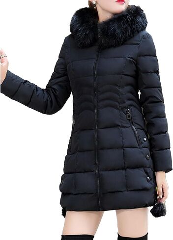 JEsilunmaMY Women's Slim Fur Hood Puffer Jacket Mid Length Insulated Quilted Jacket Solid Warm Winter Coats with Zip Pocket in Saudi Arabia