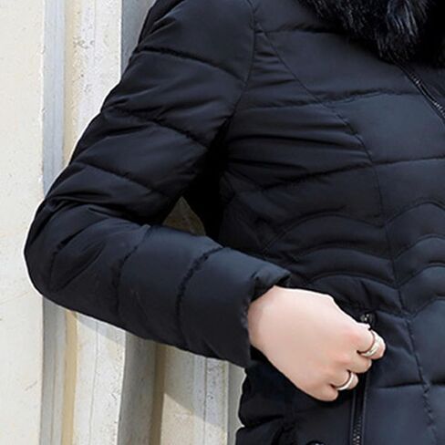 JEsilunmaMY Women's Slim Fur Hood Puffer Jacket Mid Length Insulated Quilted Jacket Solid Warm Winter Coats with Zip Pocket in Saudi Arabia