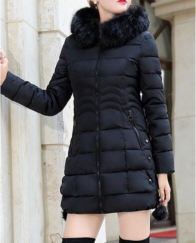 JEsilunmaMY Women's Slim Fur Hood Puffer Jacket Mid Length Insulated Quilted Jacket Solid Warm Winter Coats with Zip Pocket in Saudi Arabia