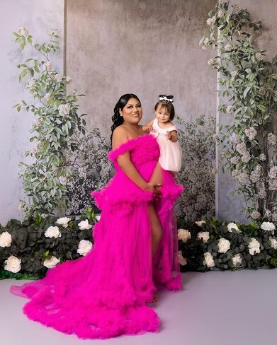 Tulle Maternity Dress for Photoshoot Puffy Ruffles Pregnancy Gowns for Baby Shower Off Shoulder Robe with Train in Saudi Arabia