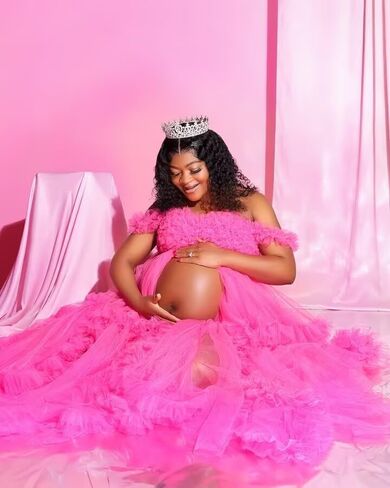 Tulle Maternity Dress for Photoshoot Puffy Ruffles Pregnancy Gowns for Baby Shower Off Shoulder Robe with Train in Saudi Arabia