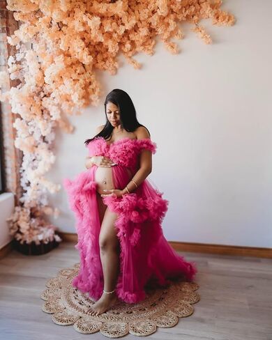 Tulle Maternity Dress for Photoshoot Puffy Ruffles Pregnancy Gowns for Baby Shower Off Shoulder Robe with Train in Saudi Arabia