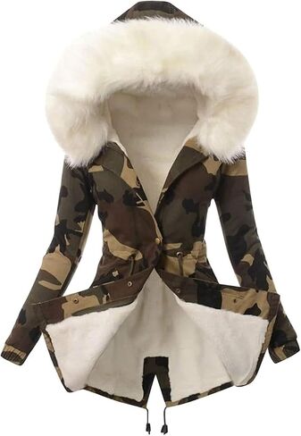 Women's Warm Winter Drawstring Camouflage Fur Collar Coat Thickened Puffer Parka Coat Faux Fur Hoodies Plush Parka in Kuwait