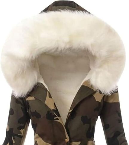 Women's Warm Winter Drawstring Camouflage Fur Collar Coat Thickened Puffer Parka Coat Faux Fur Hoodies Plush Parka in Kuwait