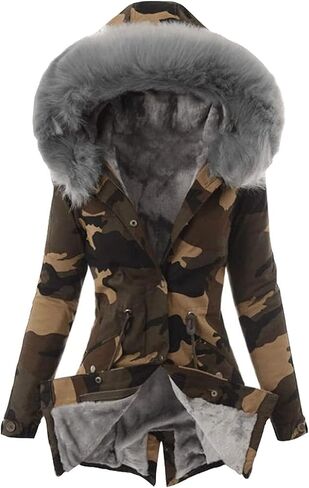 Women's Warm Winter Drawstring Camouflage Fur Collar Coat Thickened Puffer Parka Coat Faux Fur Hoodies Plush Parka in Kuwait
