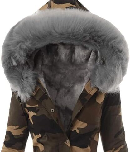 Women's Warm Winter Drawstring Camouflage Fur Collar Coat Thickened Puffer Parka Coat Faux Fur Hoodies Plush Parka in Kuwait