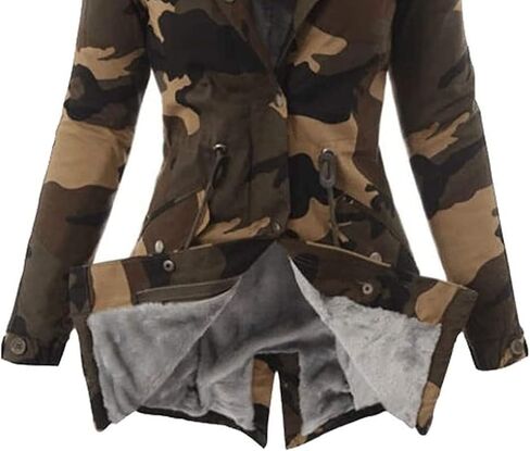 Women's Warm Winter Drawstring Camouflage Fur Collar Coat Thickened Puffer Parka Coat Faux Fur Hoodies Plush Parka in Kuwait