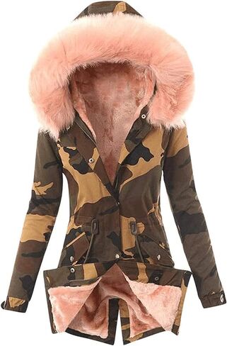 Women's Warm Winter Drawstring Camouflage Fur Collar Coat Thickened Puffer Parka Coat Faux Fur Hoodies Plush Parka in Kuwait