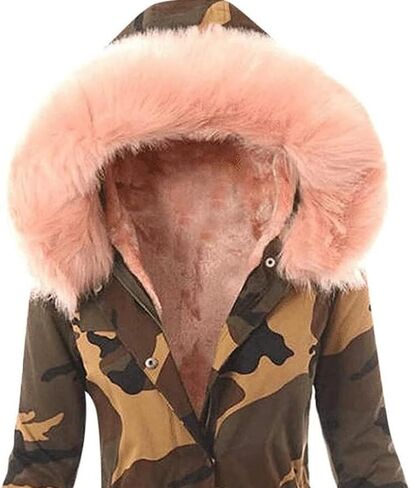 Women's Warm Winter Drawstring Camouflage Fur Collar Coat Thickened Puffer Parka Coat Faux Fur Hoodies Plush Parka in Kuwait