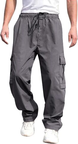 THWEI Mens Cargo Pants Casual Drawstring Joggers Cotton Work Sweatpants Outdoor Trousers Black M in Kuwait