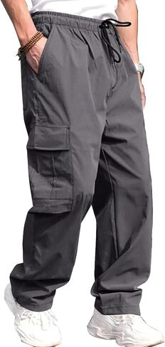THWEI Mens Cargo Pants Casual Drawstring Joggers Cotton Work Sweatpants Outdoor Trousers Black M in Kuwait