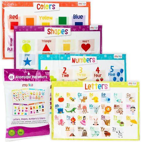 merka Disposable Placemats for Baby and Toddlers 12" x 18", 20 Pack Stick-on Table Mats for Restaurants, Includes Shapes, Numbers, Letter & Colors in Saudi Arabia