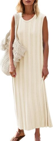 Fisoew Women's Summer Sleeveless Maxi Dress Scoop Neck Ribbed Knit Tank Top Dresses in Kuwait