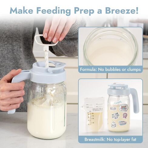 Papablic Glass Breastmilk Pitcher, Formula Mixing Pitcher with Mixing Handle Lid, Wide Mouth Mason Jar Mixer with Flip Locking Spout, Easy to Clean, BPA Free, Blue in Kuwait