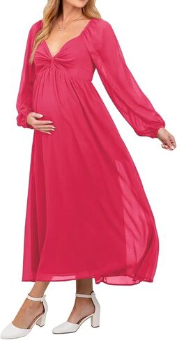 Chiffon V Neck Maternity Dresses for Baby Shower Long Puffy Sleeve Fall Pregnancy Photoshoot Dress for Women in Saudi Arabia