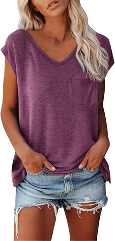 Cap Sleeve V Neck T Shirts for Women Solid Color Summer Tops Dressy Casual Beach Vacation Tank Tops with Chest Pocket in Saudi Arabia