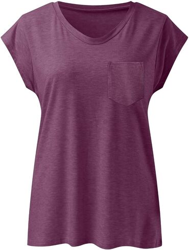 Cap Sleeve V Neck T Shirts for Women Solid Color Summer Tops Dressy Casual Beach Vacation Tank Tops with Chest Pocket in Saudi Arabia
