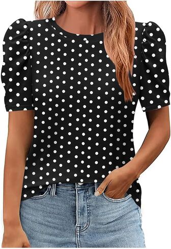 قميص قصير الأكمام للنساء للنساء Polka Dot Tops Summer Crew Neck Plouse Lourd Fit Tops S-XXL in Saudi Arabia