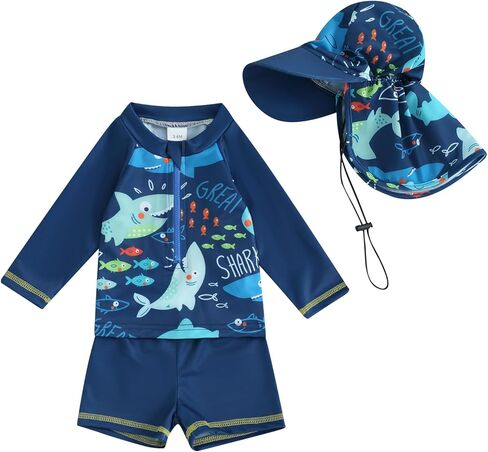 Toddler Baby Boys Swimsuit Set Rash Guard Zipper Long Sleeve with Shorts Hat Swimming Suit Shark Print Bathing Suit in Kuwait