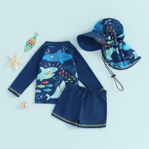 Toddler Baby Boys Swimsuit Set Rash Guard Zipper Long Sleeve with Shorts Hat Swimming Suit Shark Print Bathing Suit in Kuwait