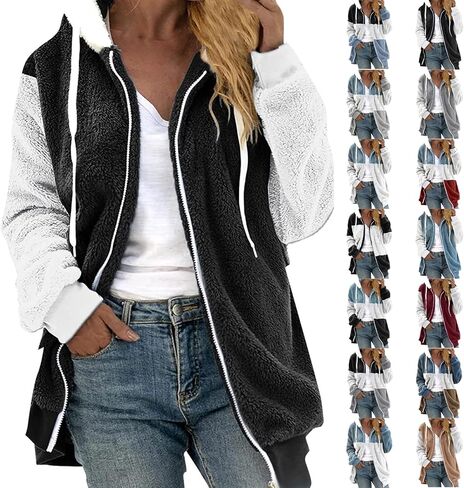 Winter Coats for Women Plus Size Fuzzy Sherpa Fleece Jacket Color Block Hooded Teddy Coats Outerwear with Pockets in Kuwait