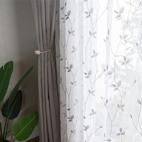 Linen Sheer Curtains Window Treatments Rod Pocket for Living Room Bedroom Simple Modern American Pastoral (2 Panels, W 100 x L 84 inch, Grey) in Kuwait