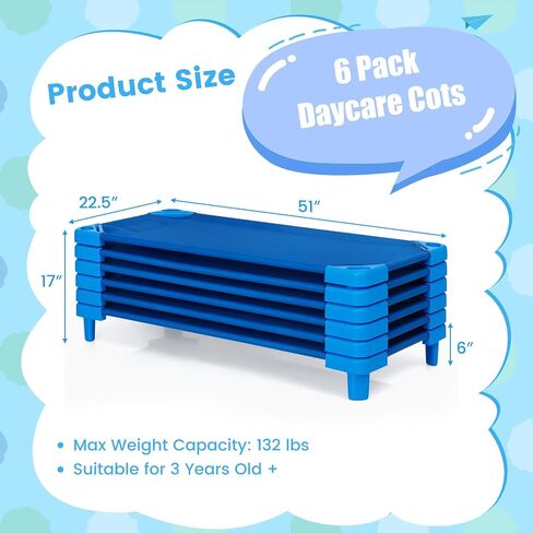 Stackable Daycare Cots for Kid -Pack of 6, Portable Preschool Cots, 52" L x 23" W, Ready-to-Assemble, Space-Saving Toddler Nap Cot for Sleeping, Resting, Naptime, Nursery in Saudi Arabia
