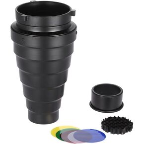 Conical Snoot with Honeycomb Grid, Color Filter Kit, Aluminum Alloy, for Bowens Mount Studio Strobe Monolight Photography Flash, Ideal for Portrait, Newborn, Wedding