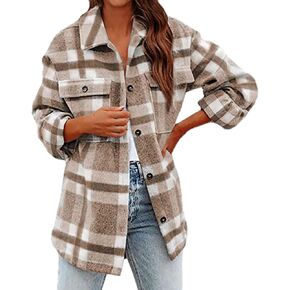 SHAOBGE Womens Plaid Shacket Fall Jacket Fleece Lined Button Down Peacoats Plaid Lapel Casual Coats Y2K Shirt Jackets 2023
