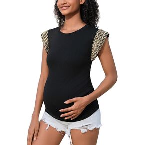Women's Maternity Tops Summer Short Cap Sleeve Gold Thread Trim Maternity Shirts Crew Neck Pregnancy Tunic Blouse Black M