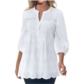 Women's Elegant White Eyelet Embroidered Blouse 3/4 Sleeve Tunic Top with V Neck and Scalloped
