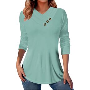 Women Long Sleeve Tunic Shirts Casual Color Contrast Crew Neck Button Side Blouse Tops Fall Trendy Loose Streetwear