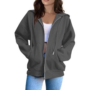 Full Zip Up Hoodies for Women Baggy Fall Winter Fleece Sweatshirt Drawstring Comfy Lightweight Jacket Coats w/Pockets