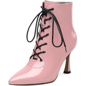 Women's Ankle Boots Pointed Toe Lace Up High Heel Boots Fashion Side Zipper Short Booties for Women