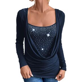 Women's Spring Casual T Shirts Comfy Elegant Long Sleeve Fake Two-Piece Shirt Stylish Rhinestones Decoration Tops