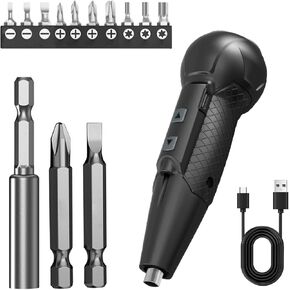 XLX 3.7V Cordless Electric Screwdriver Rechargeable portable Mini Rotary Home Gadget，Automatic Manual all in one with LED Light and USB- Type C Charging Cable Black
