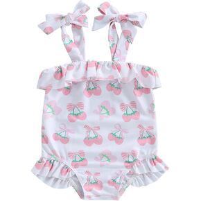 Toddler Girls Swimsuit Romper Cherry Print Tie-Up Shoulder Straps Ruffles Beachwear Sleeveless Summer Suit