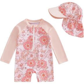 Toddler Girls Beach Swimwear Long Sleeve Floral/Tropical Tree Print Zip Up Bathing Suits with Hat Baby Swimsuit