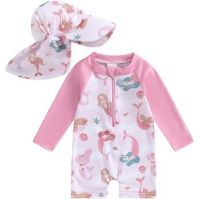 Infant Baby Girl Bathing Suit Sea Shell Print Long Sleeve Rash Guard Swimsuit Wide Brim Sun Hat Toddler Beachwear