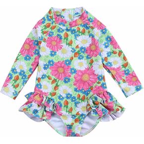 Toddler Girl Swimsuit Toddler Baby Girl Swimsuit Long Sleeve Flower Print Ruffle Zipper Rash Guard Girls Swim Suits 16